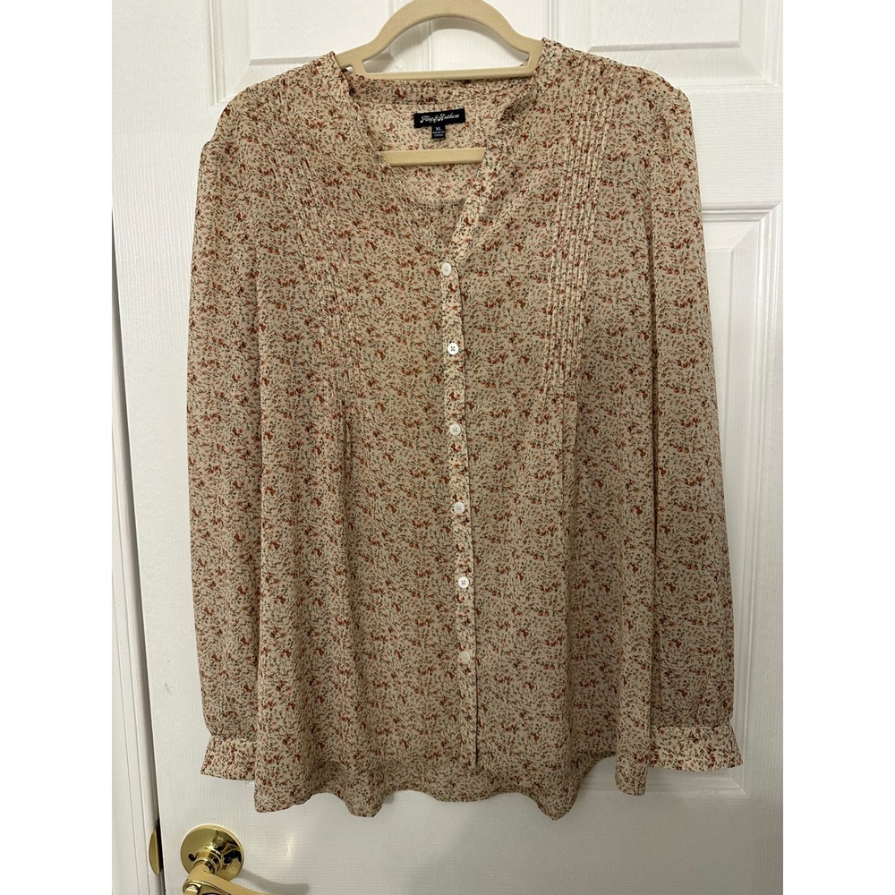 Flag & Anthem Womens XL Floral Pintuck Button Down Blouse Tan Coral Long Sleeve